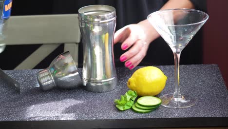 Bartender-Pours-Clear-Liquid-Vodka-into-a-Silver-Cobbler-Shaker-for-a-Cocktail-in-a-Martini-Glass-with-Lemon,-mint-and-Cucumber-Slices,-Closeup-of-Woman’s-Hands-on-Granite-Table,-Closeup