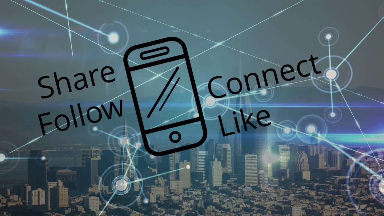 소셜 미디어 컨셉 텍스트와 스마트폰 아이콘을 도시 풍경의 공중 시야에 맞춰 보십시오.