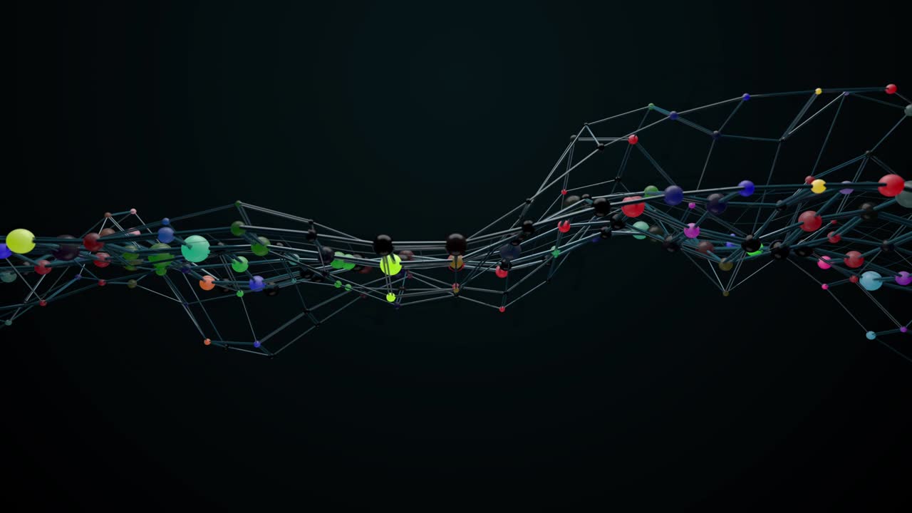 3d render of morphing wireframe model with colorful spheres on it.