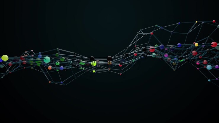 3d render of morphing wireframe model with colorful spheres on it.