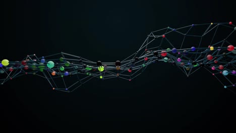 renderizado en 3d de un modelo de marco de alambre con esferas coloridas en él.