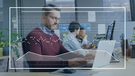 Animation of data processing and statistics over diverse businesspeople in office