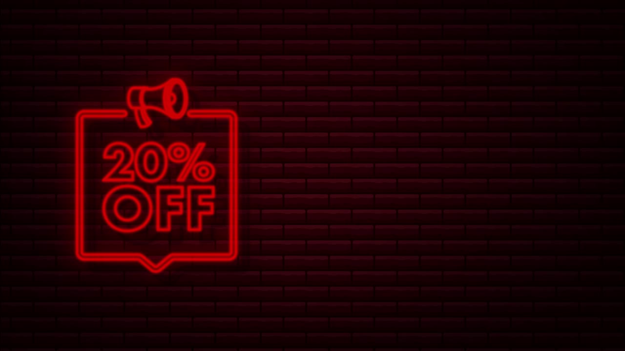 20 por ciento de descuento en la venta banner de descuento con megáfono. etiqueta de precio de oferta de descuento. promoción de descuento del 20 por ciento icono de neón. gráfico de movimiento