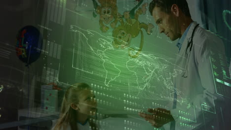 animation of data processing over caucasian male doctor talking with girl
