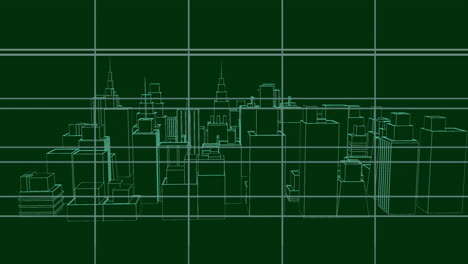 Animation of 3d architecture city drawing spinning over grid