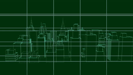 animation of 3d architecture city drawing spinning over grid