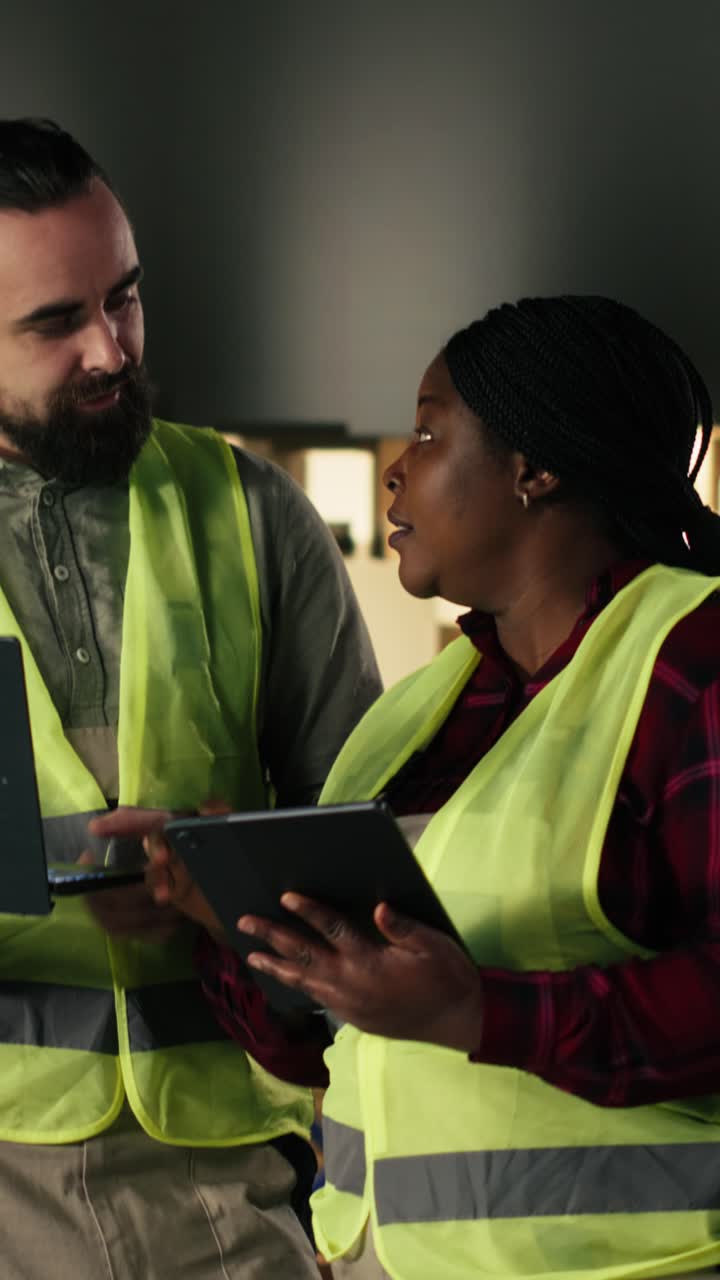 Vídeo Vertical Colegas multiétnicos, laptop e tablet, centro de atendimento, trabalho em equipe