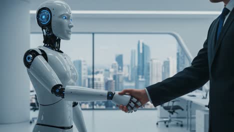 a seamless interaction: a human and robot engage in a handshake within a futuristic office environment emphasizing collaboration and technological advancement