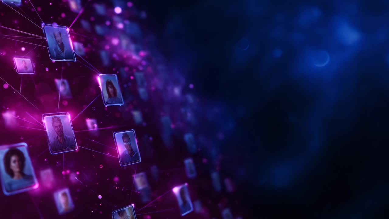 Una visualizzazione accattivante di profili e social network interconnessi, dove ritratti digitali luminosi mostrano le relazioni e le connessioni tra individui in un ambiente dinamico e vivace