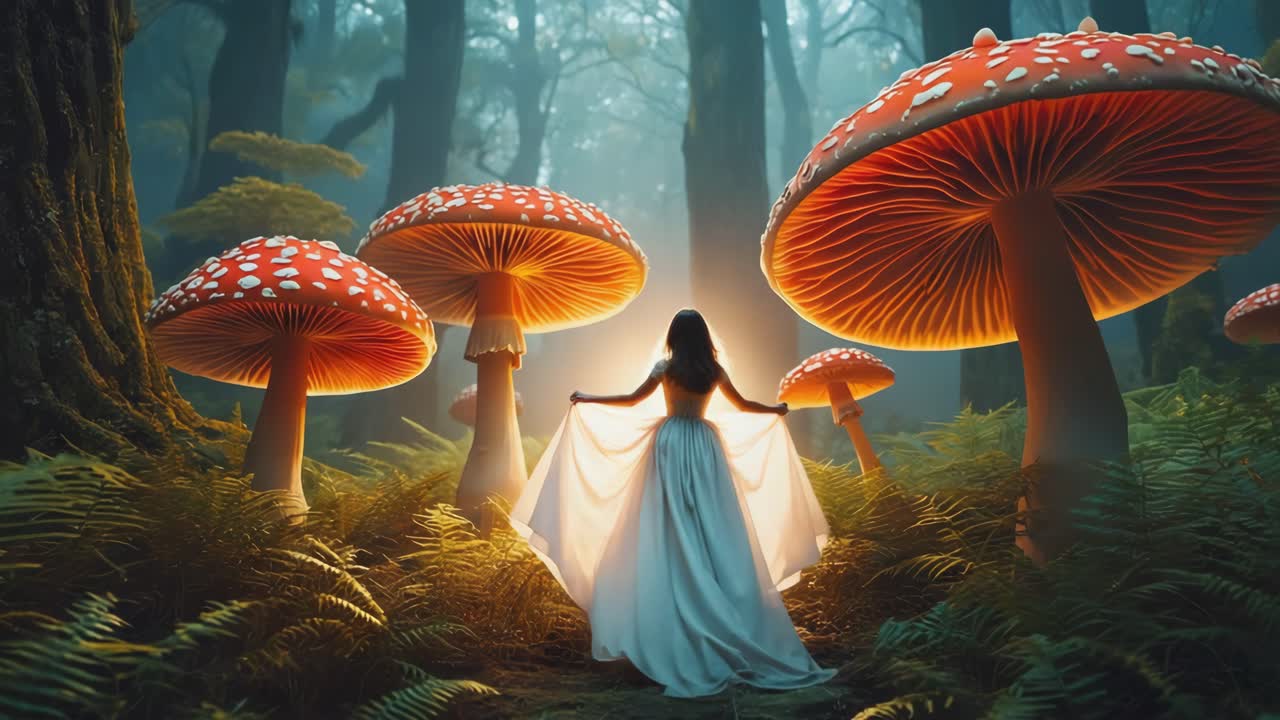 Woman in a Dreamlike Mushroom Forest