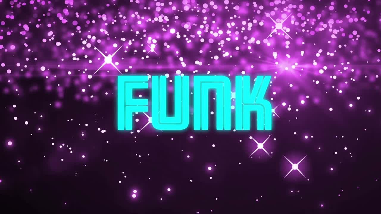 animación de texto funk en letras azules y amarillas sobre fondo abstracto púrpura