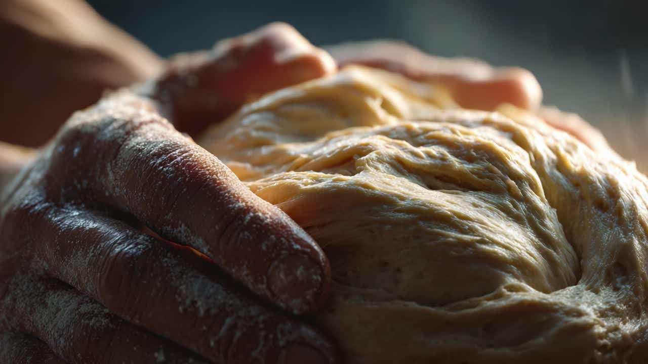 A close-up view of hands kneading dough, capturing the intricate texture and softness of the yeast mixture, surrounded by a gentle drizzle of flour, highlighting the craftsmanship of baking from scratch