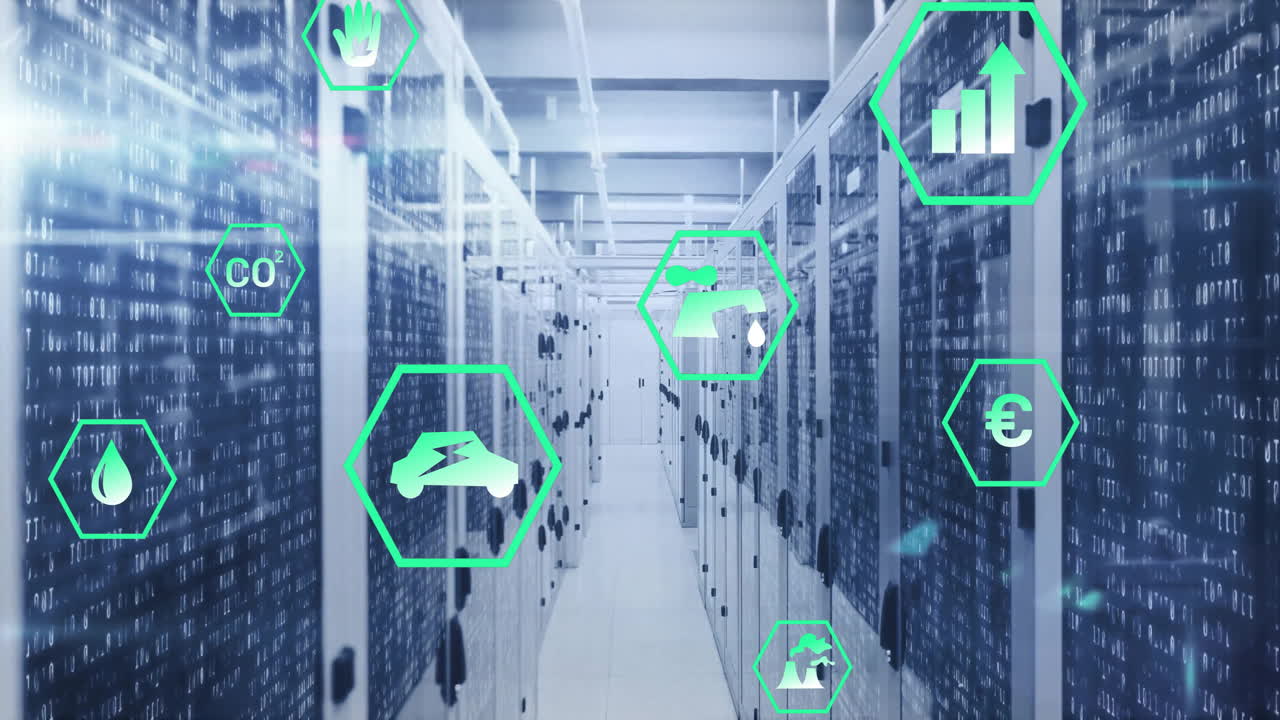 animación de procesamiento de datos y iconos de ecología sobre la sala del servidor