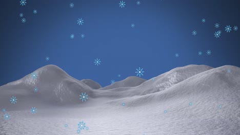 Animation-of-snowflakes-falling-over-snow-and-blue-background