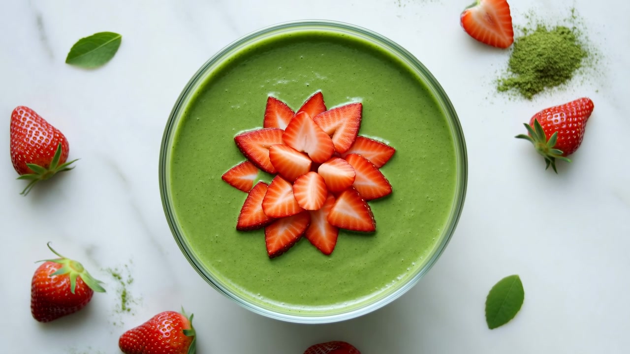 Vista dall'alto di una ciotola di vetro riempita con un frullato matcha verde liscio, centrata su marmo bianco e coronata da fette di fragola concentriche che formano un motivo floreale, fresco, pulito, vibrante e salutare.