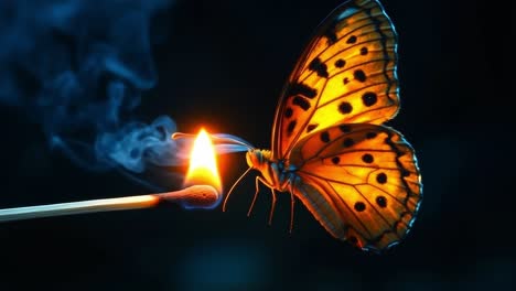 butterfly glowing near a match flame. a butterfly with vibrant orange wings approaches a lit match, contrasting light and darkness in a captivating moment.