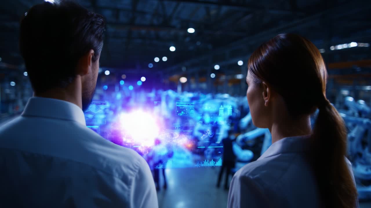 A Glimpse into the Future: Two Professionals Observe Cutting-Edge Technology in a Modern Industrial Setting with Virtual Data Projections and Advanced Robotics on Display