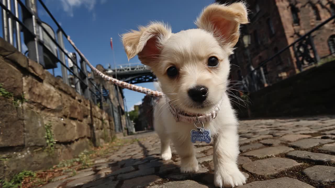 Un adorabile cucciolo esplora un sentiero acciottolato sotto un cielo azzurro, mostrando curiosità e giocosità in una splendida ambientazione esterna