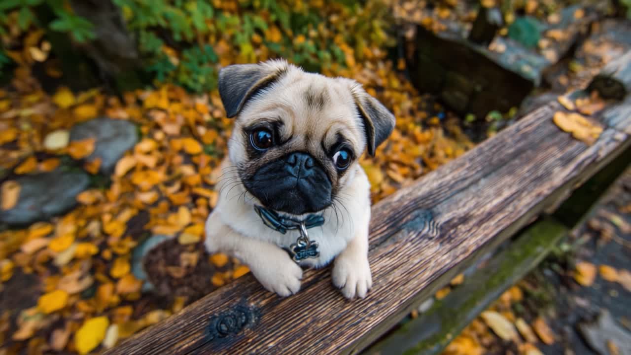Adorável Filhote de Pug Descansando em um Banco de Madeira Cercado por Folhas de Outono Vibrantes, Capturando Seu Charme e Expressão Inocente