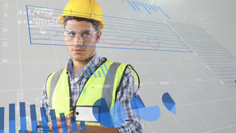 gráficos y datos estadísticos que se mueven contra el arquitecto masculino tomando notas en el clipboard