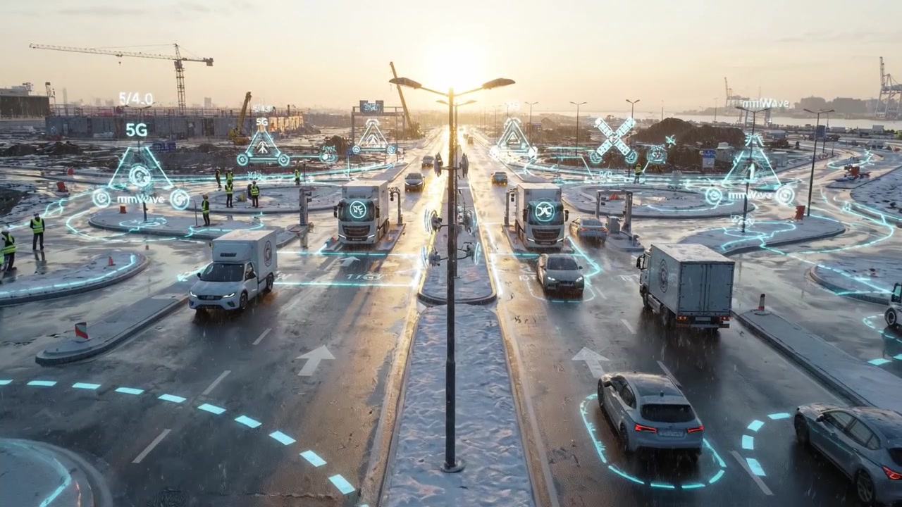 Incrocio stradale ad alta tecnologia: veicoli a guida autonoma e connettività intelligente in contesti urbani, che mostra infrastrutture di trasporto avanzate e modernizzazione
