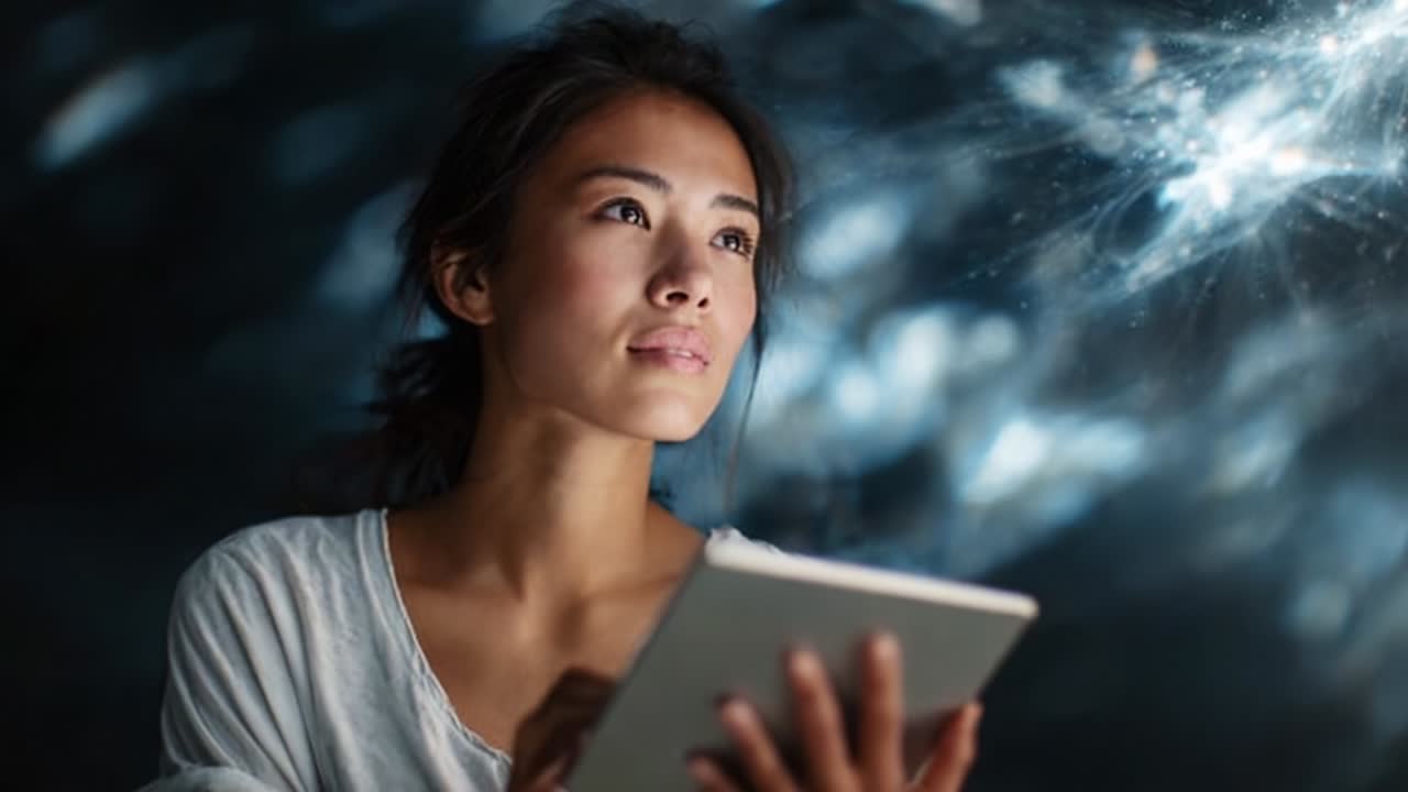A thoughtful young woman immersed in creativity, gazing upward while holding a digital tablet, surrounded by a mesmerizing display of swirling light patterns that evoke inspiration and imagination
