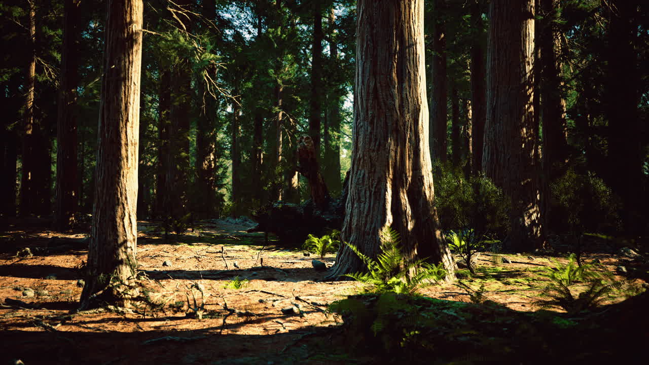 Sunlight filters through towering trees in a serene forest setting