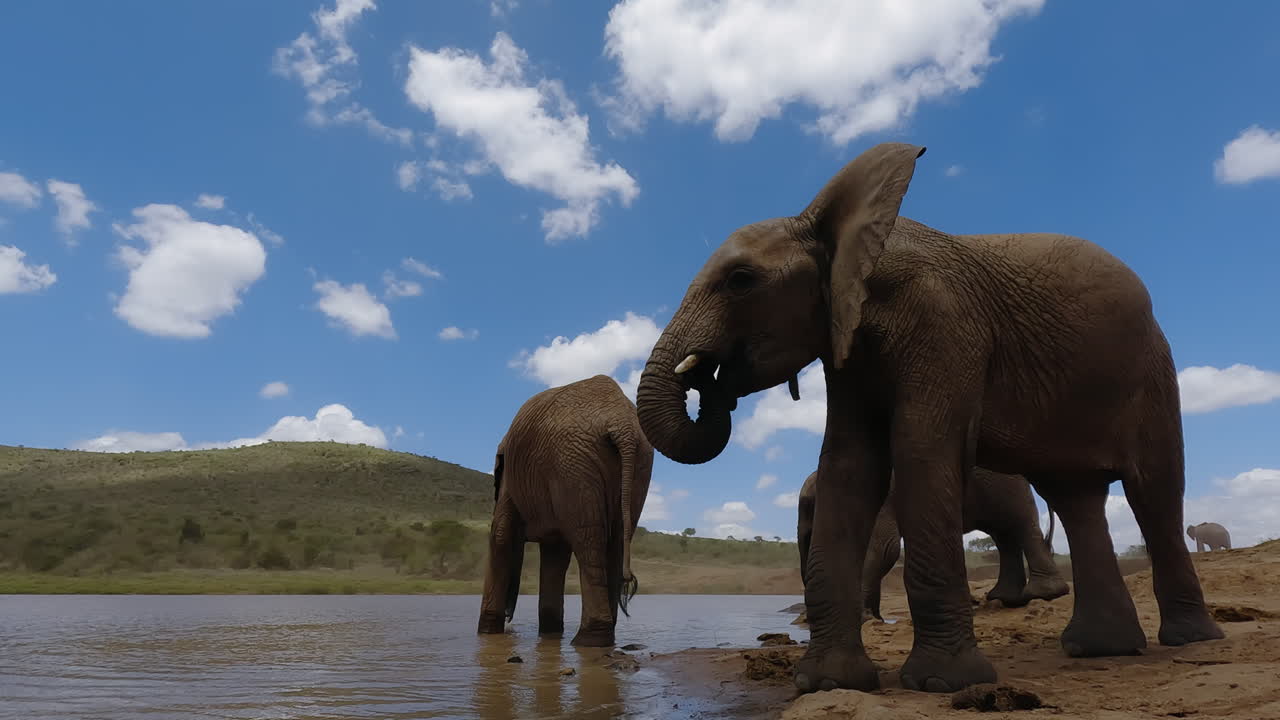 Elefantes-da-savana bebendo de um charco