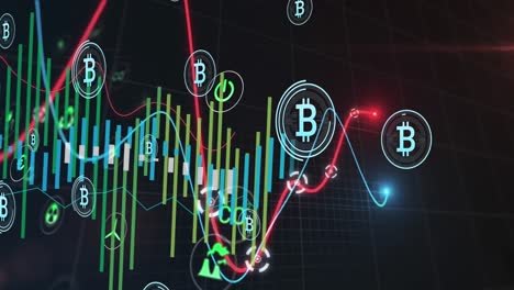 animación de iconos digitales y símbolos de bitcoin contra el procesamiento de datos en fondo negro.