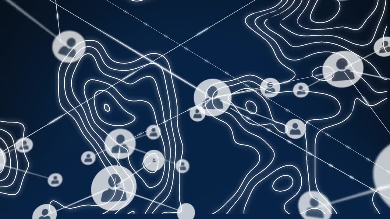 Animation of network of connections over changing isohypses on navy background