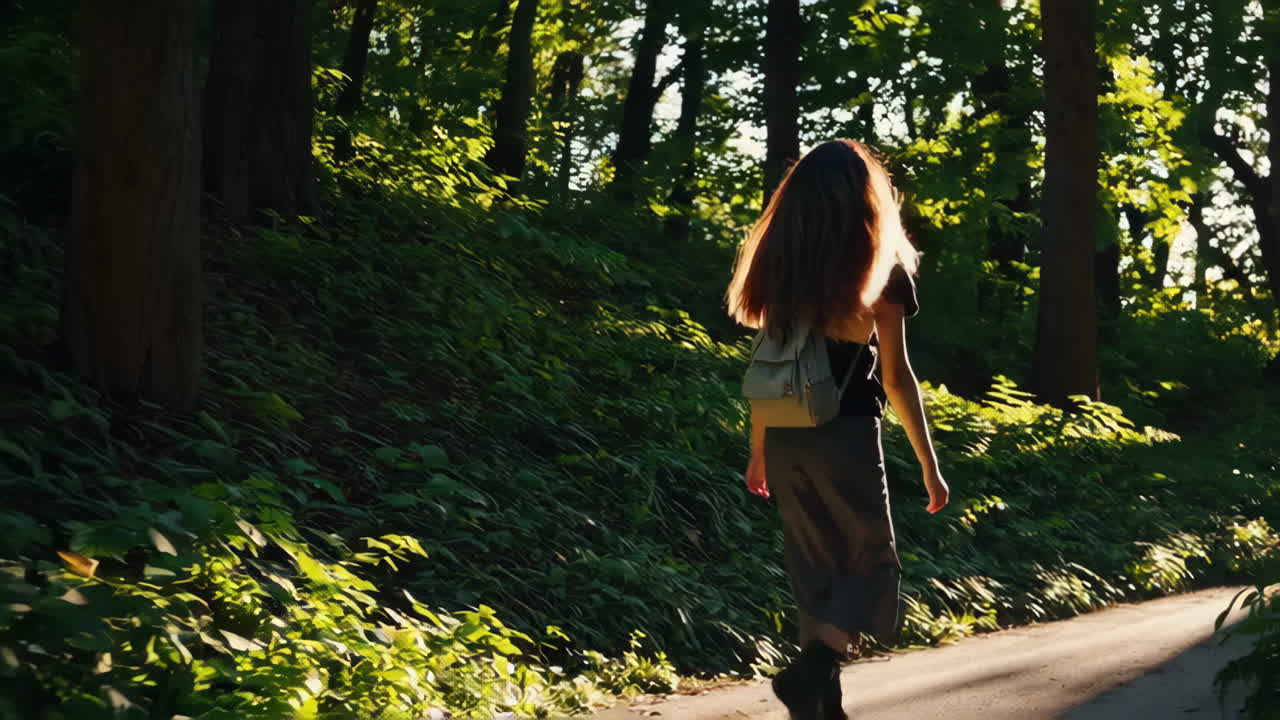 mujer caminando por un sendero del bosque