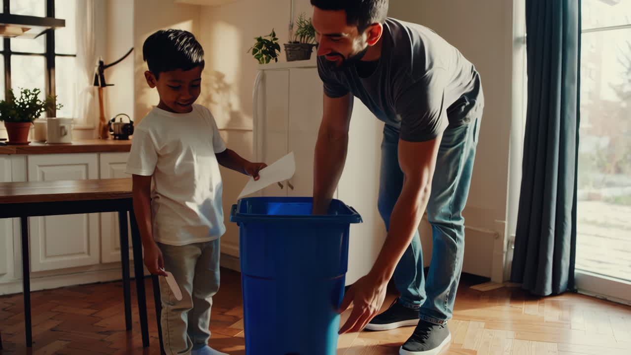 Father and son teaching and practicing recycling at home