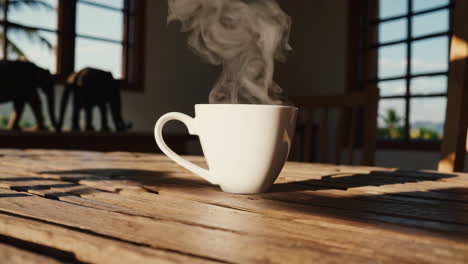 hot coffee on a wooden table