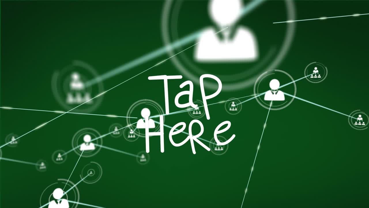 Animazione di rete di connessioni con icone su testo "tocca qui" su sfondo verde