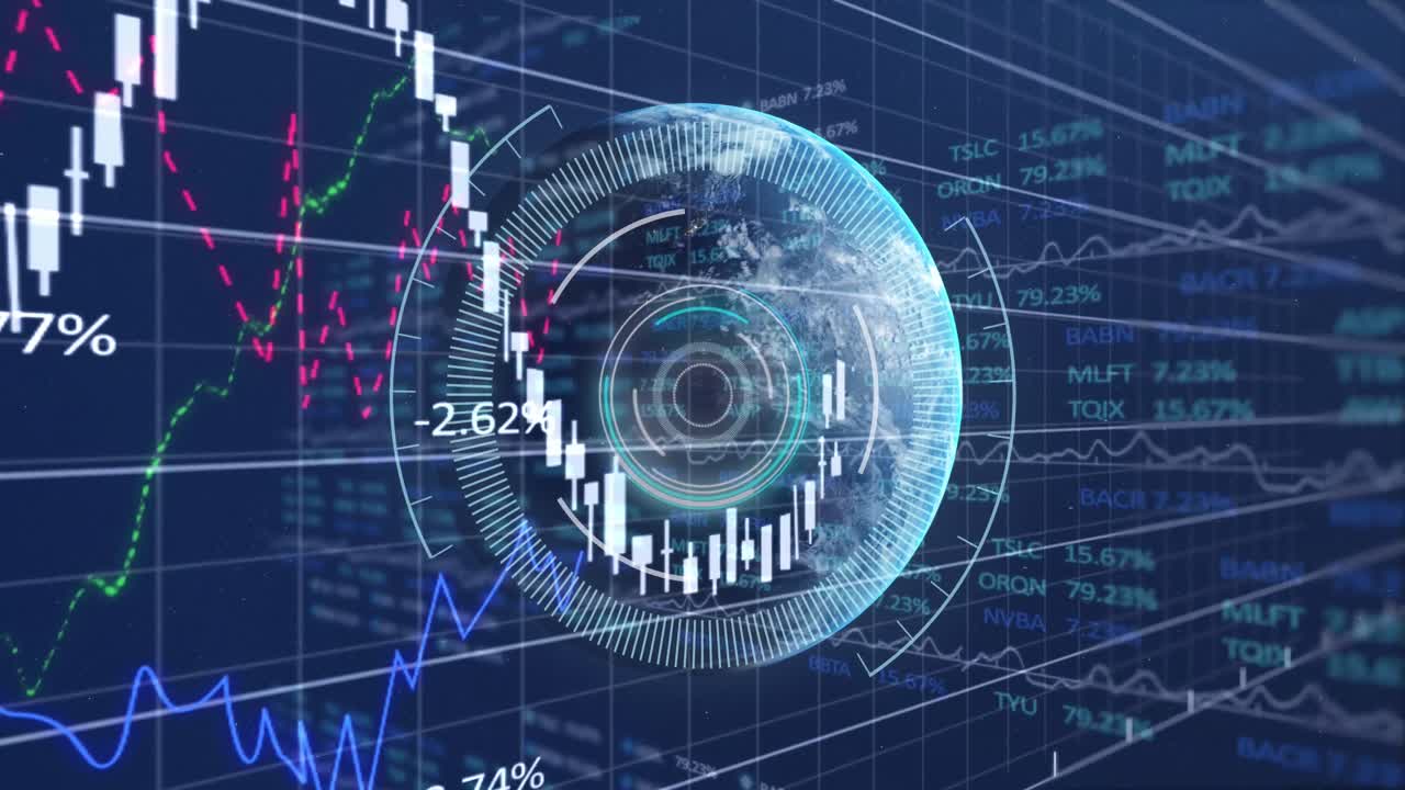 그림, 그래프 및 어두운 배경의 금융 데이터 처리