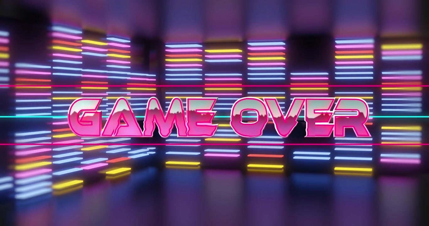 Animazione del testo 'game over' tra le linee su barre illuminate impilate sullo sfondo.