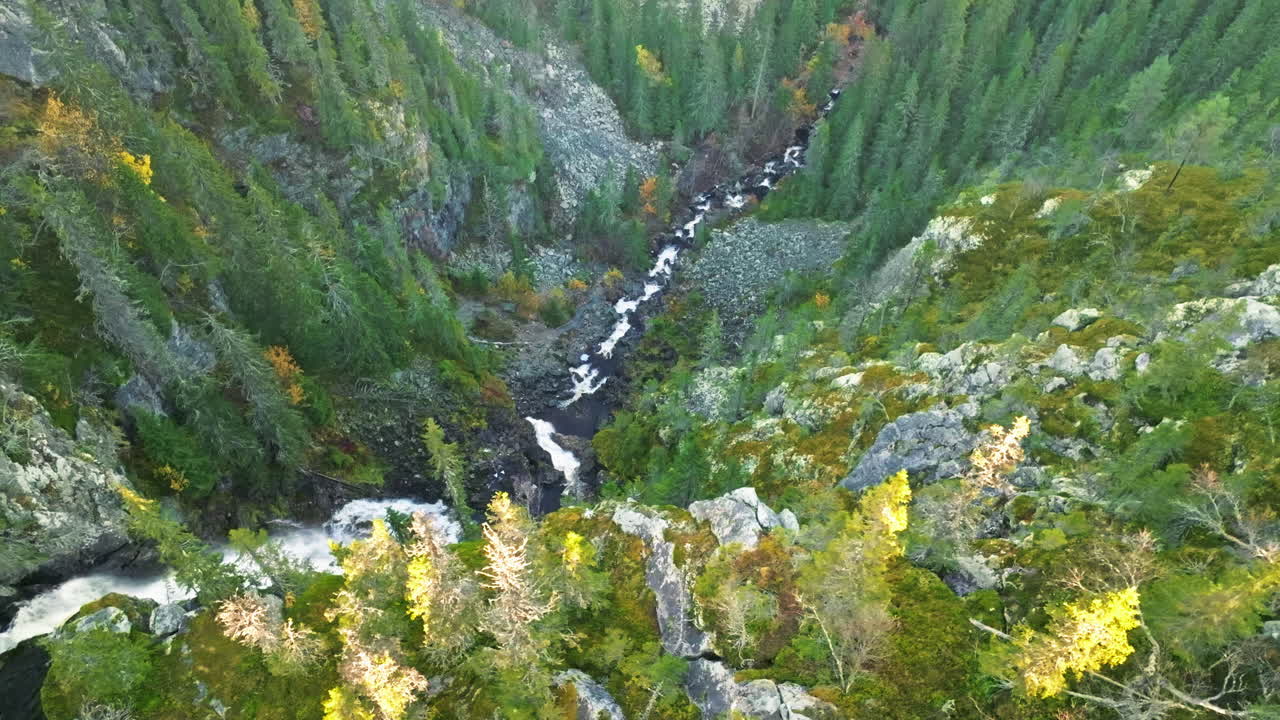 Aerial View Of Valley, Waterfalls And Pine Tree Forest In Autumn In Sweden