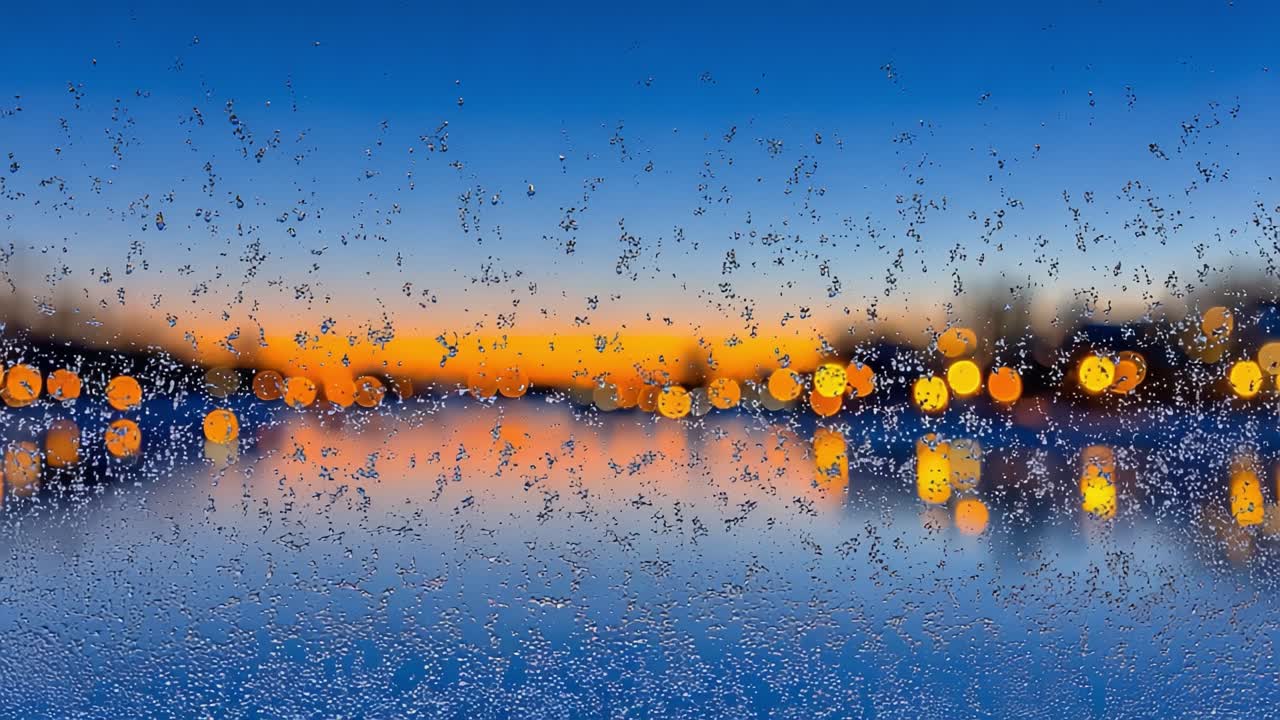 A Stunning Sunset Reflected Through Rain-Drenched Glass, Capturing the Magical Transition of Daylight into Night with Water Droplets Enhancing the Scene's Aesthetic Beauty
