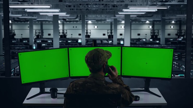 Vista posteriore di un militare asiatico che parla al telefono cellulare mentre lavora con monitor multipli con mockup in un data center.
