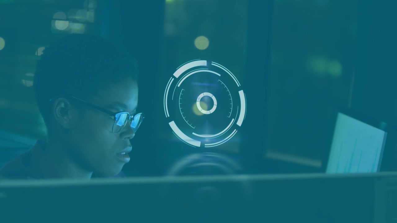 Animation of graphical scanning icon over hand of multiracial employee giving documents to coworker