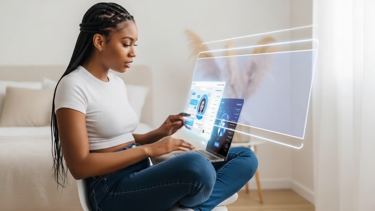 A Young Woman Engaged in Digital Interaction on Her Laptop with Futuristic Displays of Information and Communication Technologies at Home