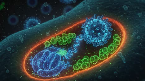 a close-up visualization of viral interaction with cellular structures, highlighting the intricate dynamics of infection at the molecular level