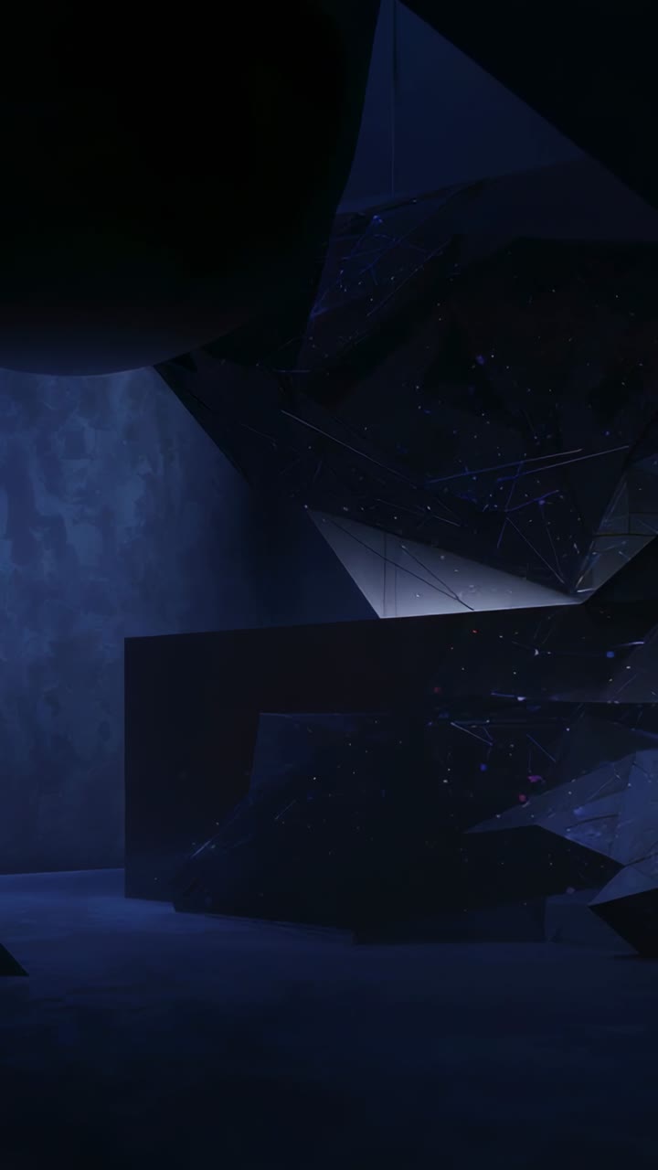 Vertical video: Pulsing light causing large crystal shining in blue cavern, arch and dark orb