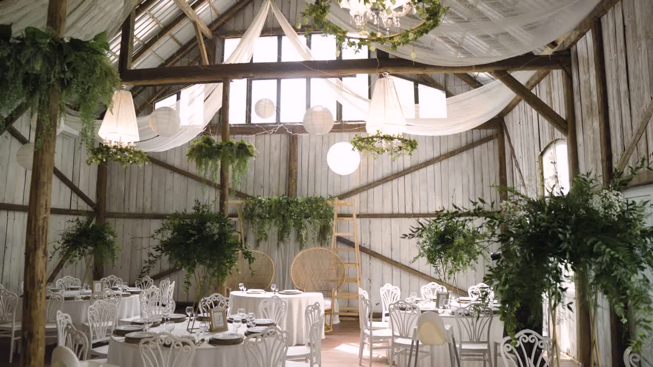boho style wedding hall with wooden walls and lighters