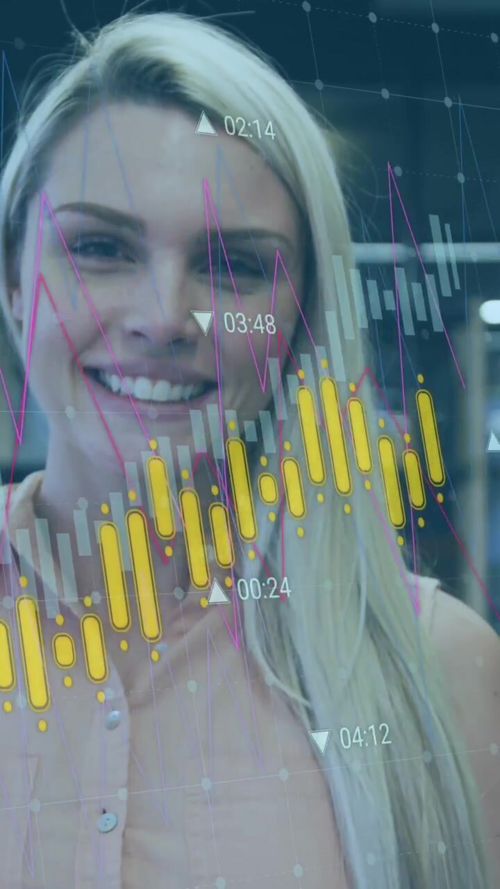 Animation of multiple graphs with changing numbers over beautiful caucasian woman walking in office