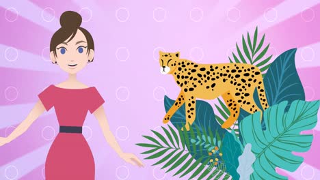 Animation-Einer-Frau,-Die-über-Pflanzen--Und-Gepardensymbole-Spricht