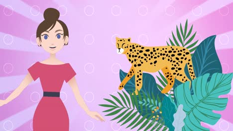 animation einer frau, die über pflanzen- und gepard-ikonen spricht