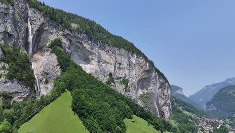 two high waterfalls lauterbrunnen valley switzerland drone,aerial