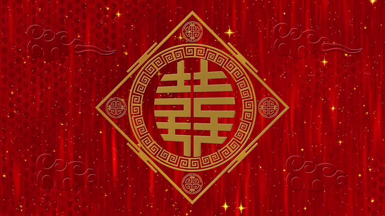 año nuevo lunar, fondo del festival de primavera con doble felicidad, símbolo, nubes, estrellas relucientes. telón de fondo de papel rojo del año nuevo chino para el evento. animación de renderización 3d. bucle sin costuras 4k video