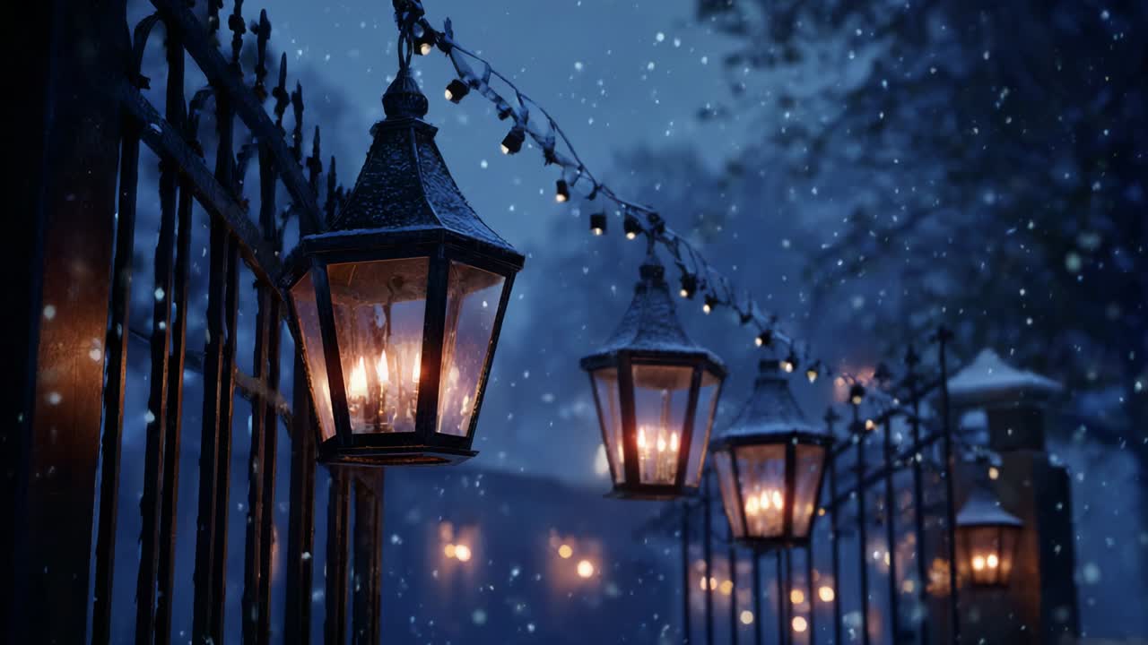 Una serena sera d'inverno: lanterne illuminate proiettano luci calde lungo una recinzione innevata in un tranquillo paesaggio innevato, creando un'atmosfera magica sotto la neve che cade e il cielo crepuscolare